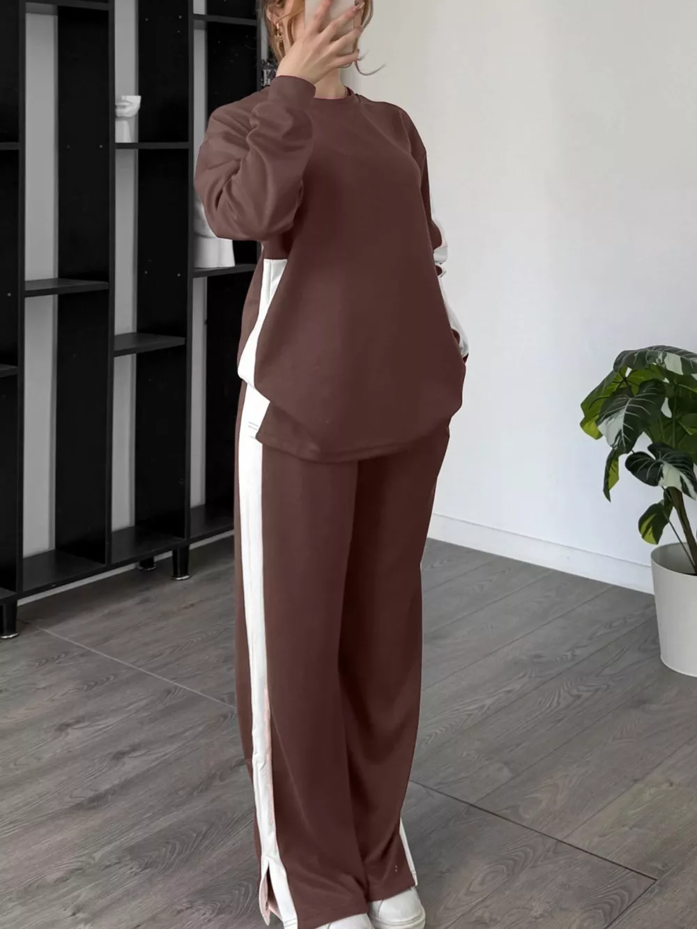 Full Size Contrast Round Neck Top and Pants Set Plus Size, image 13