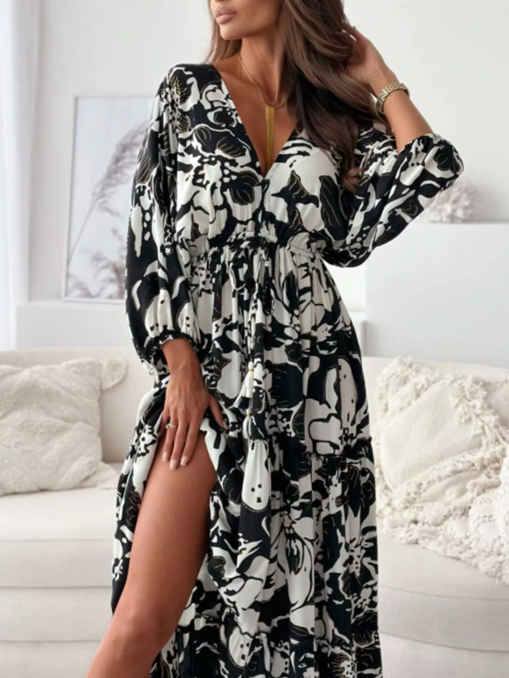 Printed V-Neck Balloon Sleeve Slit Maxi Dress, image 3