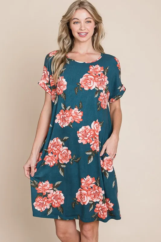 Floral Round Neck Short Tee Dress with Pockets