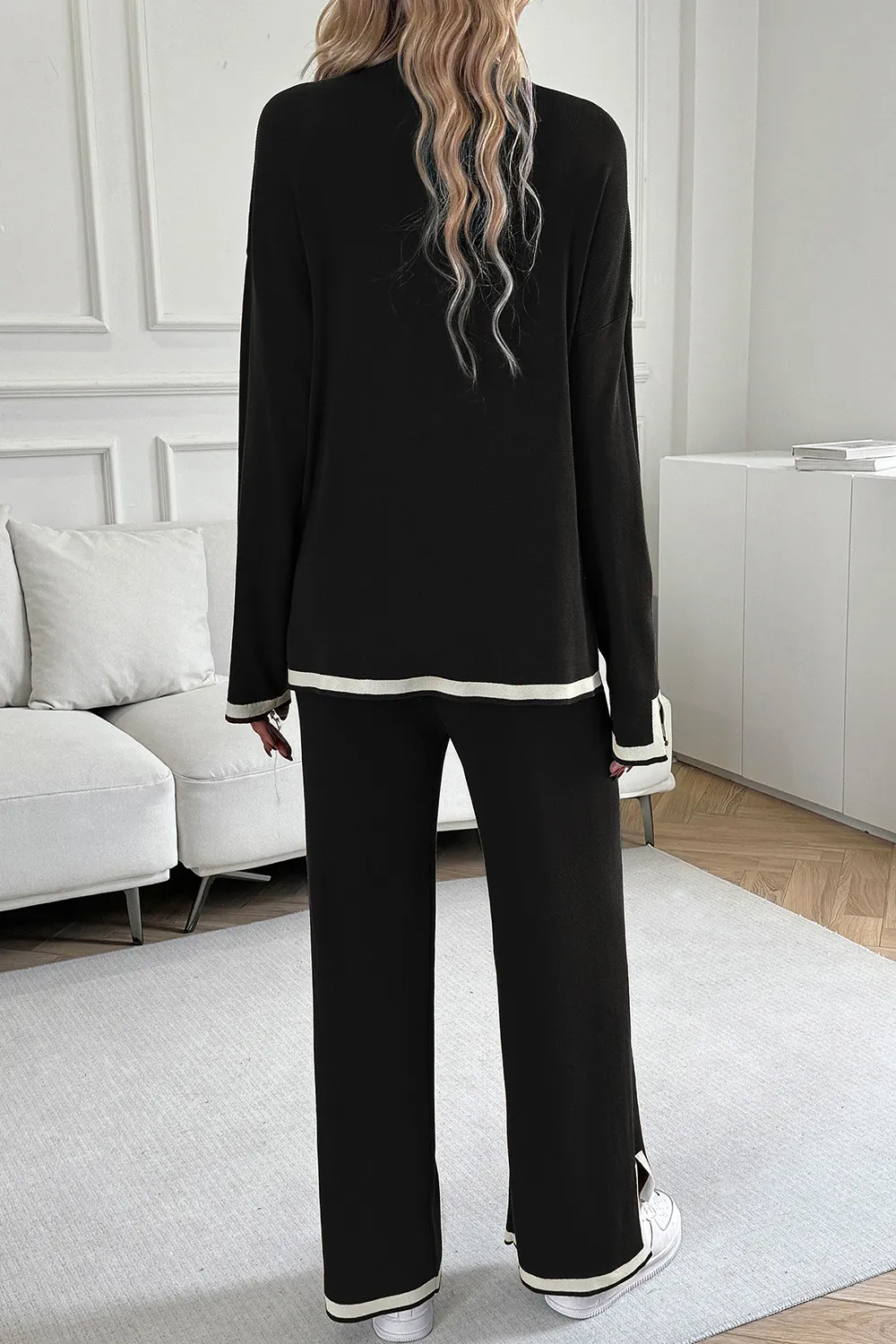Contrast Trim Round Neck Top and Pants Set, image 7