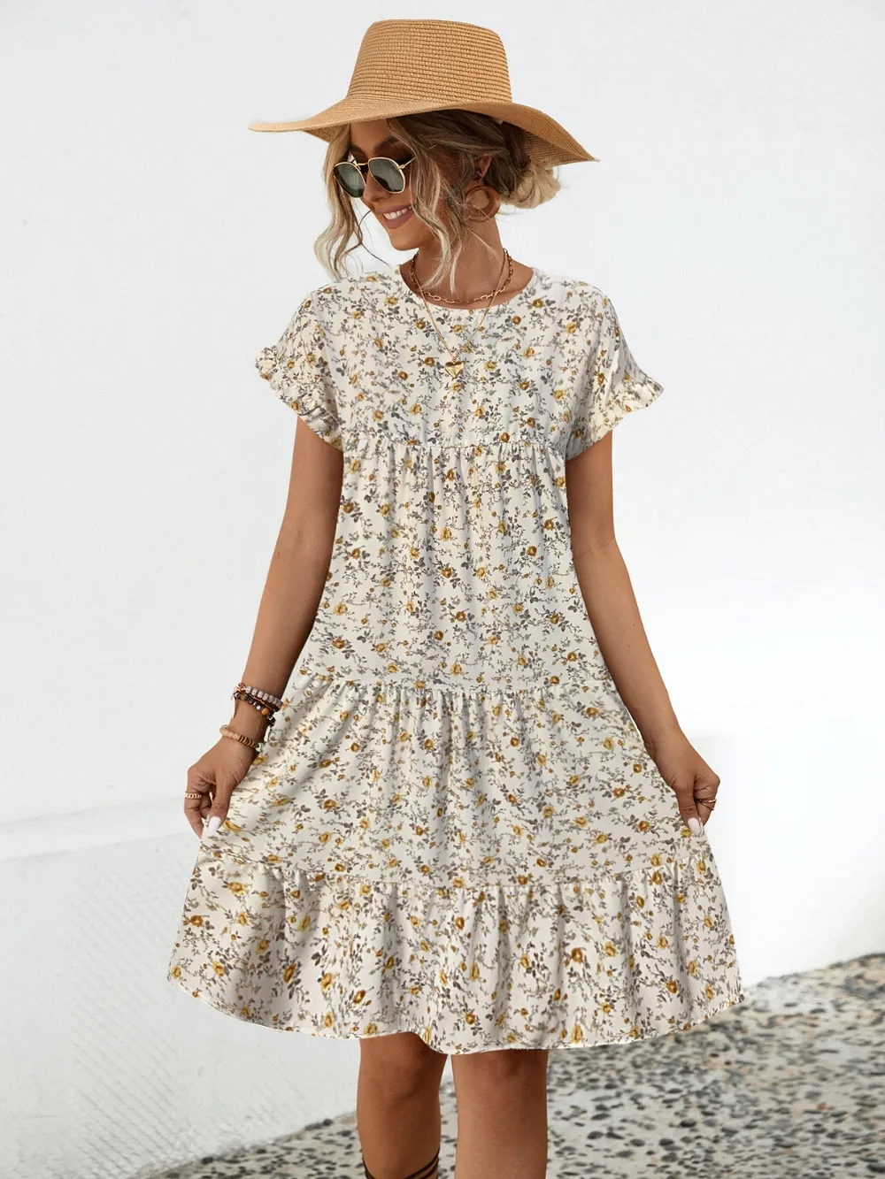 Frill Floral Round Neck Short Sleeve Tiered Dress, image 6