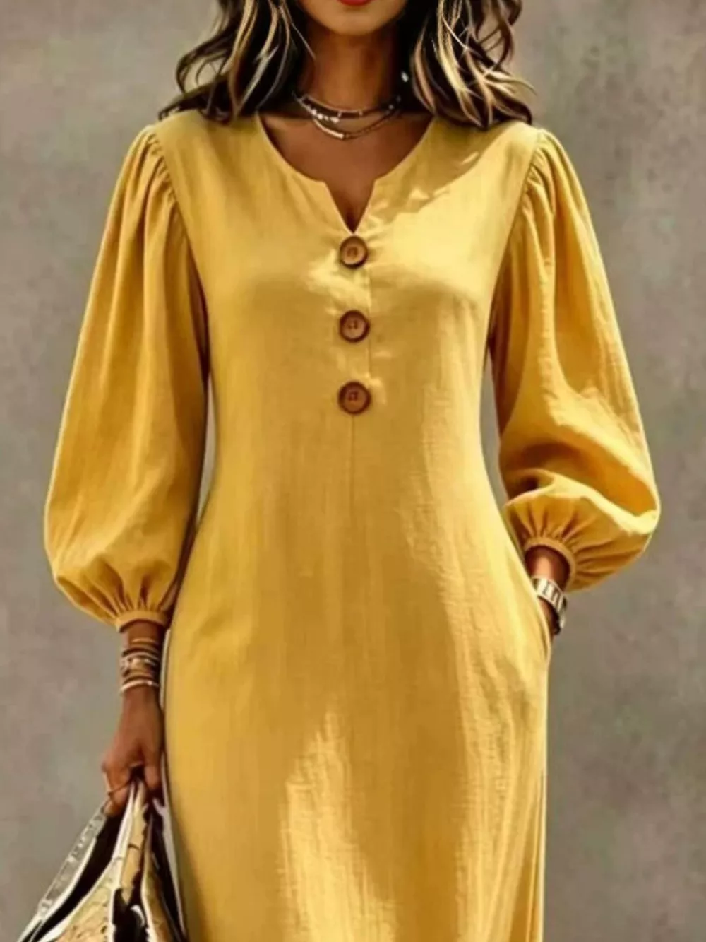 Decorative Button Balloon Sleeve Maxi Dress, image 2