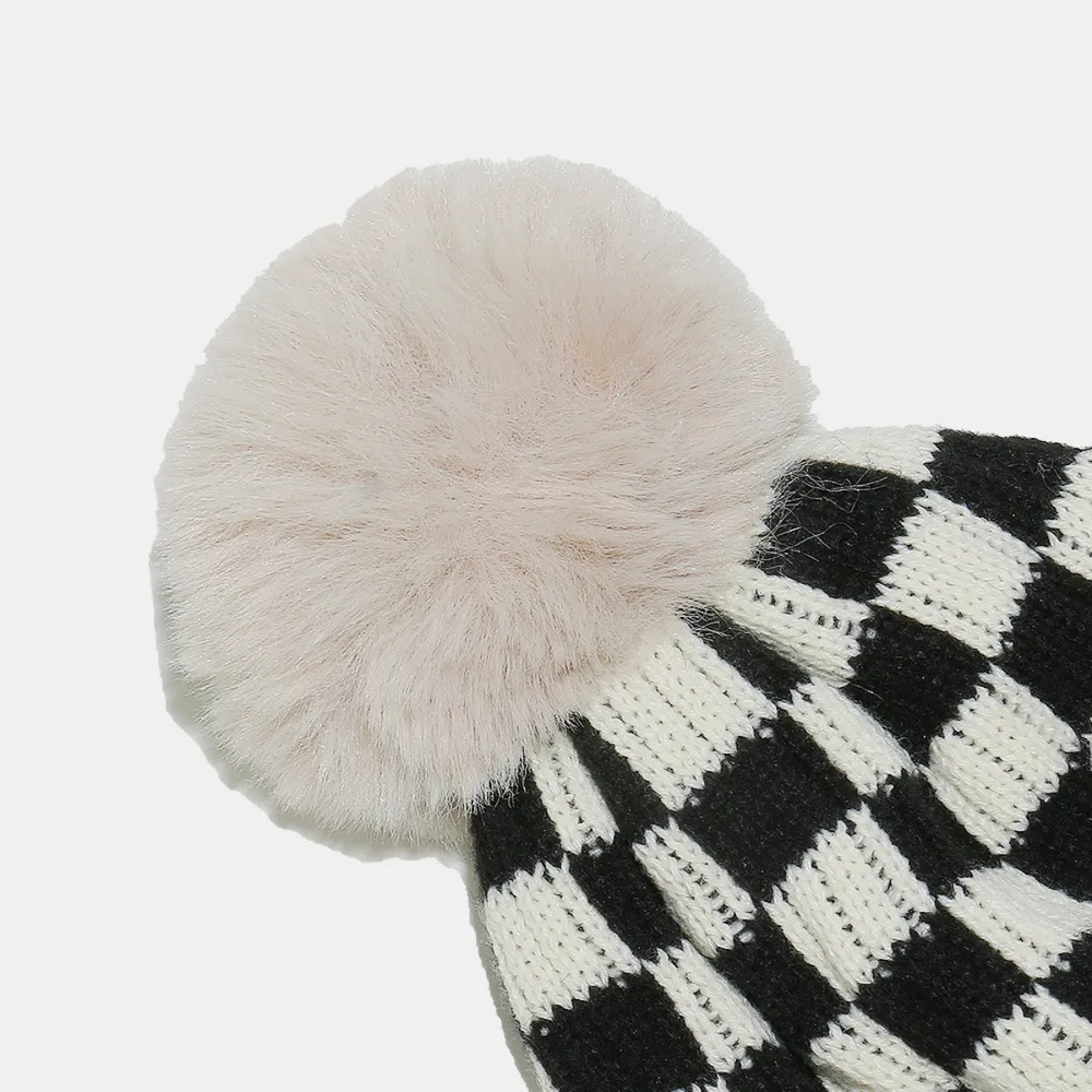 Checkered Knit Hat with Pompom, image 5