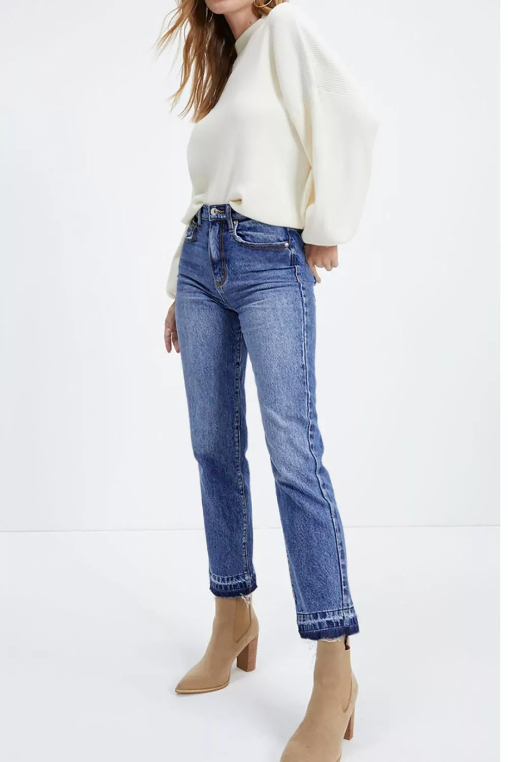 Whiskered Wash Raw Hem Cropped Jeans, image 3