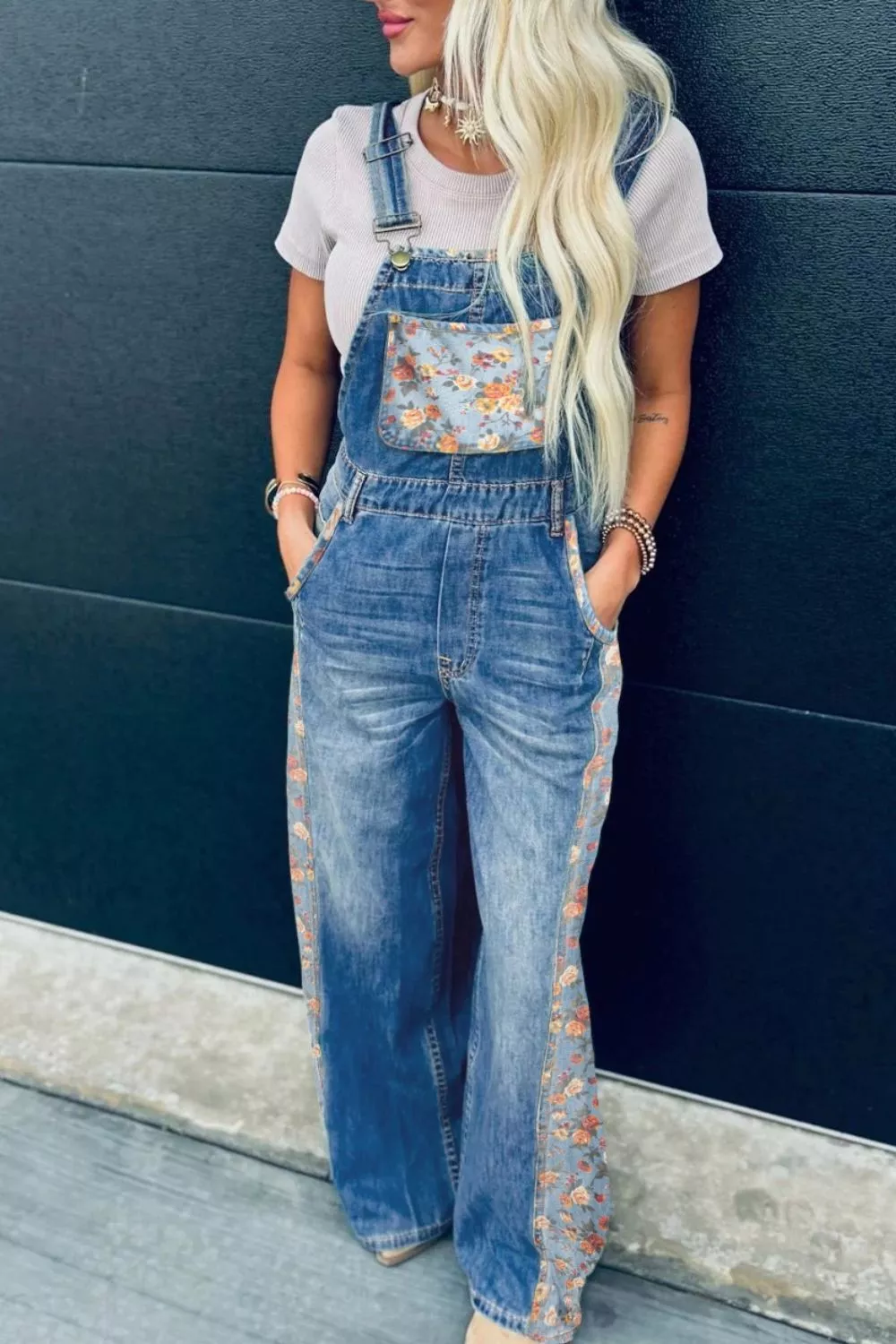 Vintage Rose Printed Pleated Loose Denim Overall, image 4