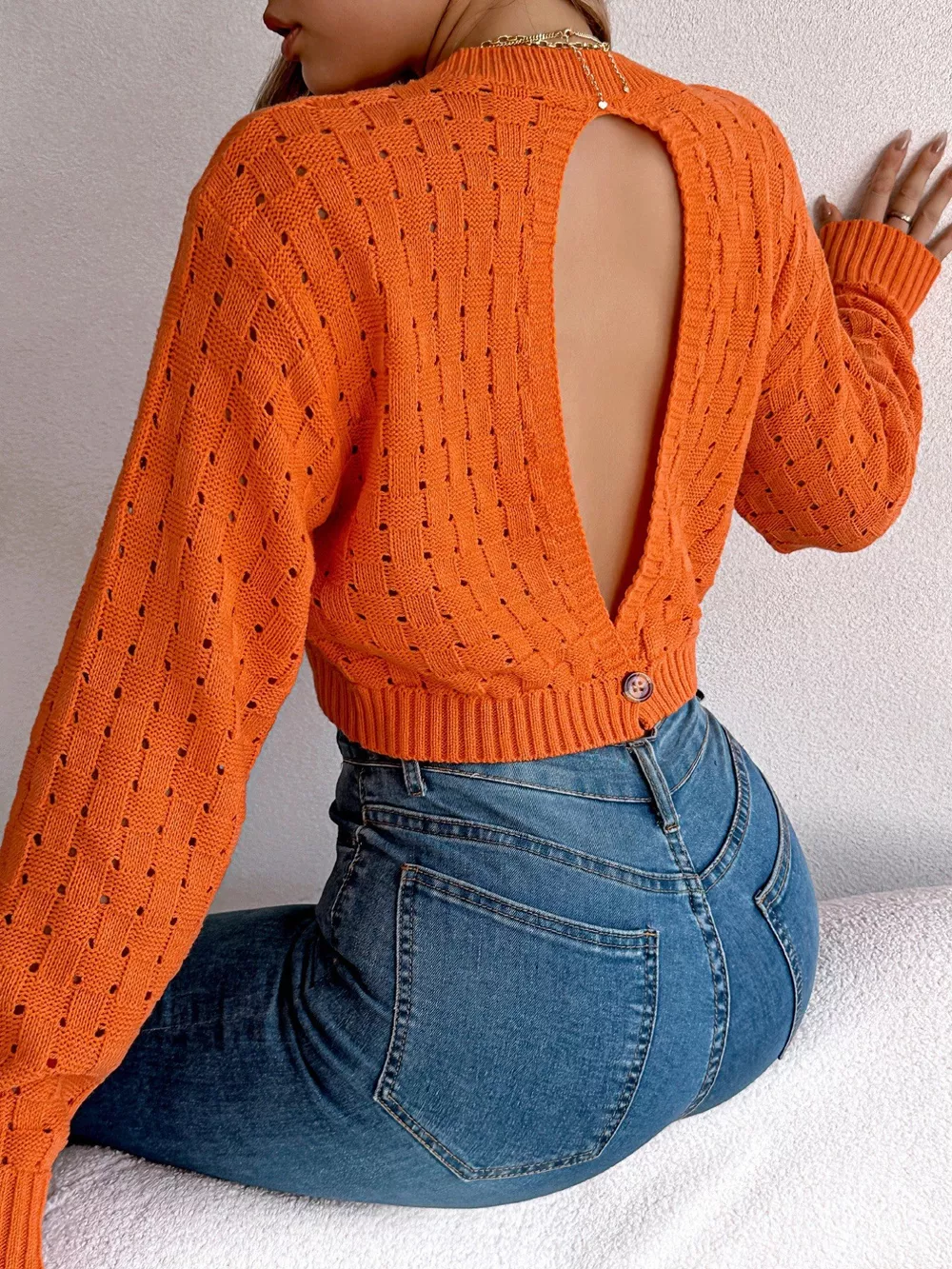 Cutout Back Openwork Round Neck Long Sleeve Sweater, image 3