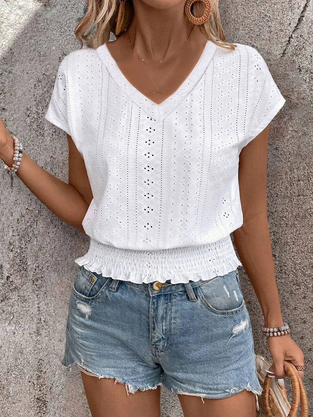 Eyelet V-Neck Short Sleeve Blouse, image 8