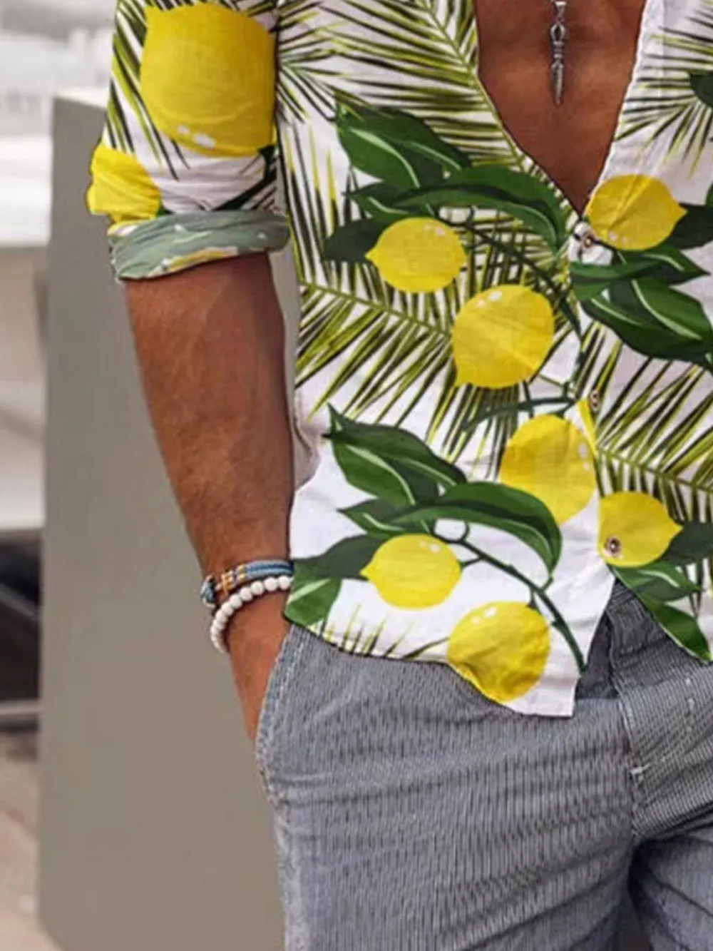 Men's Full Size Lemon Print Button Up Shirt Plus Size, image 2