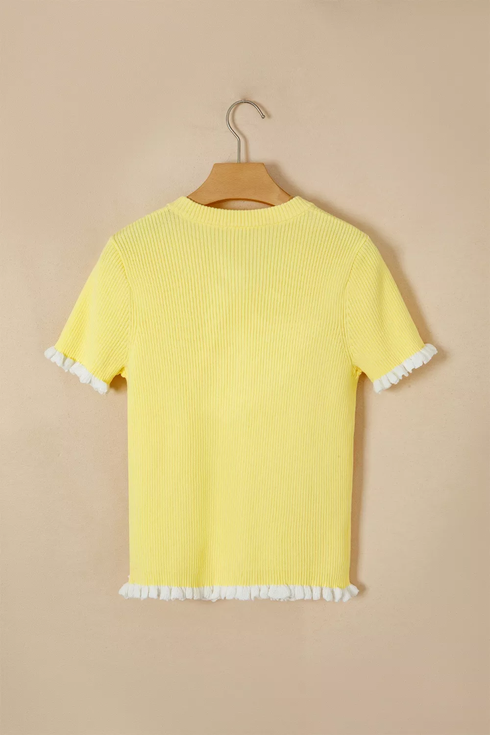 Ribbed Knit Contrast Frilled Short Sleeve Sweater Cardigan, image 6