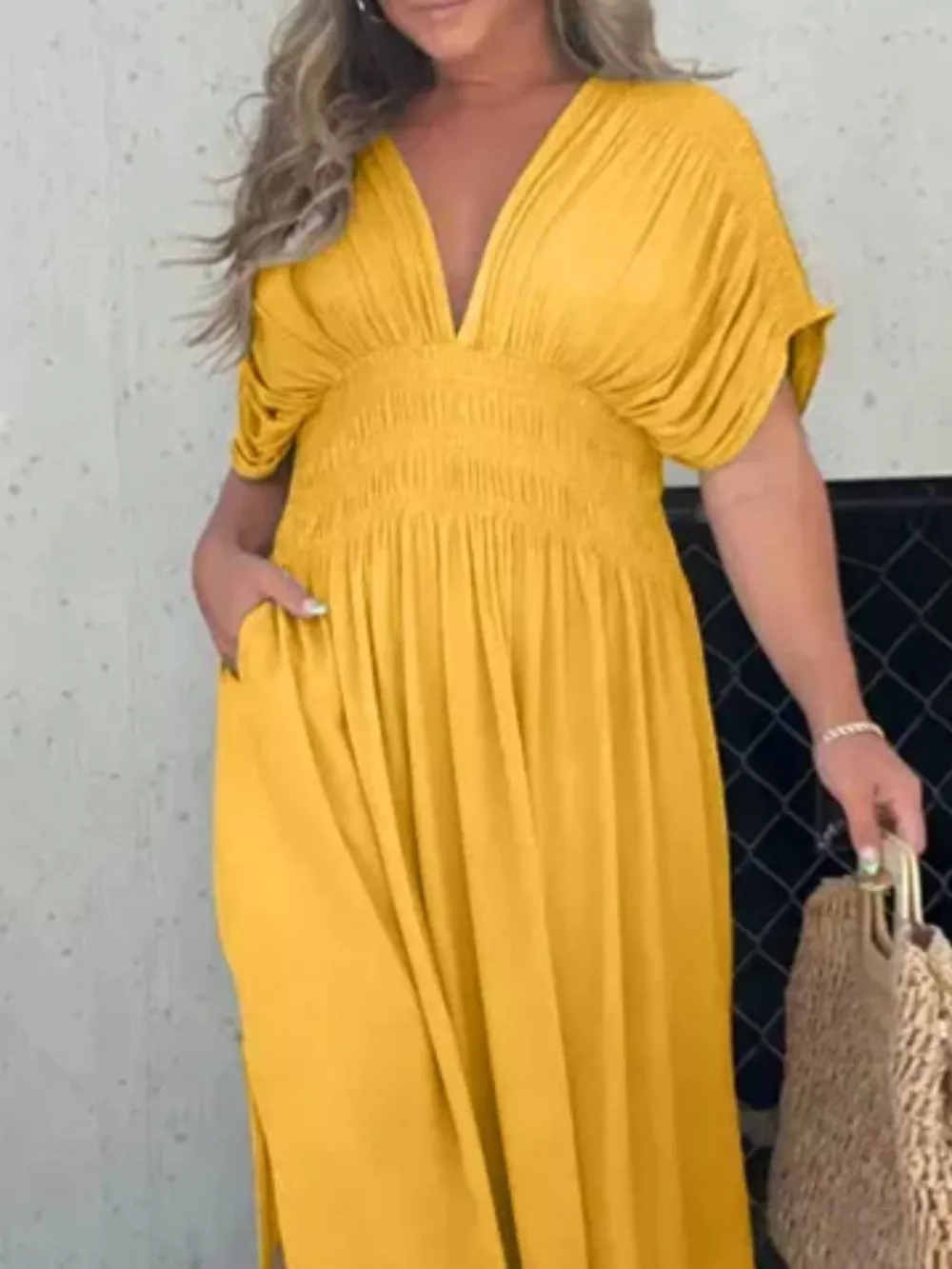 Full Size Slit V-Neck Smocked Waist Maxi Dress Plus Size, image 25