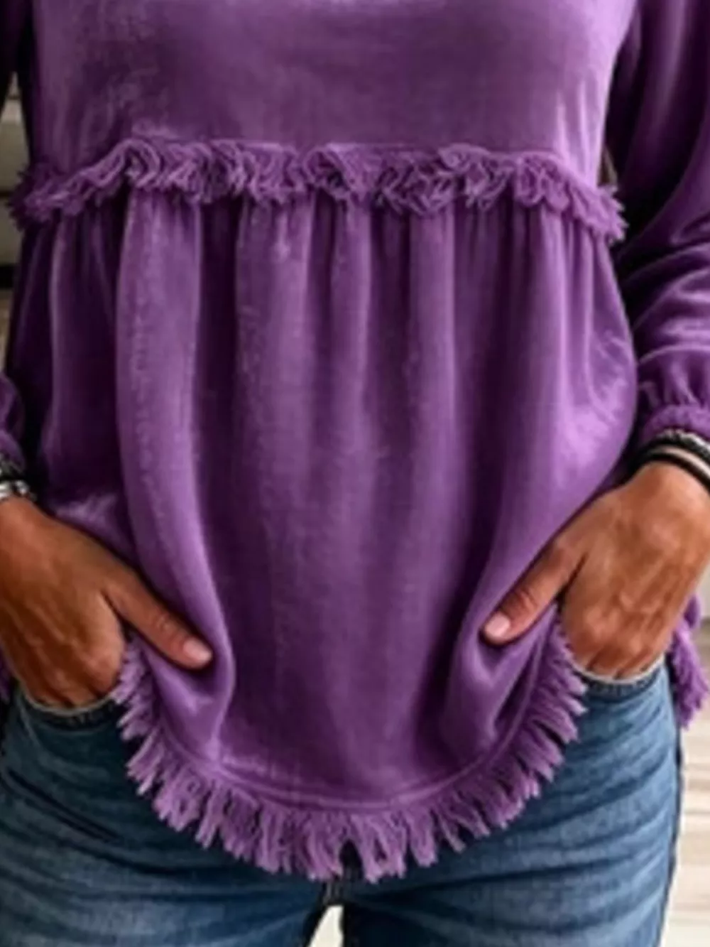 Fringed Hem Long Sleeve T-Shirt, image 9
