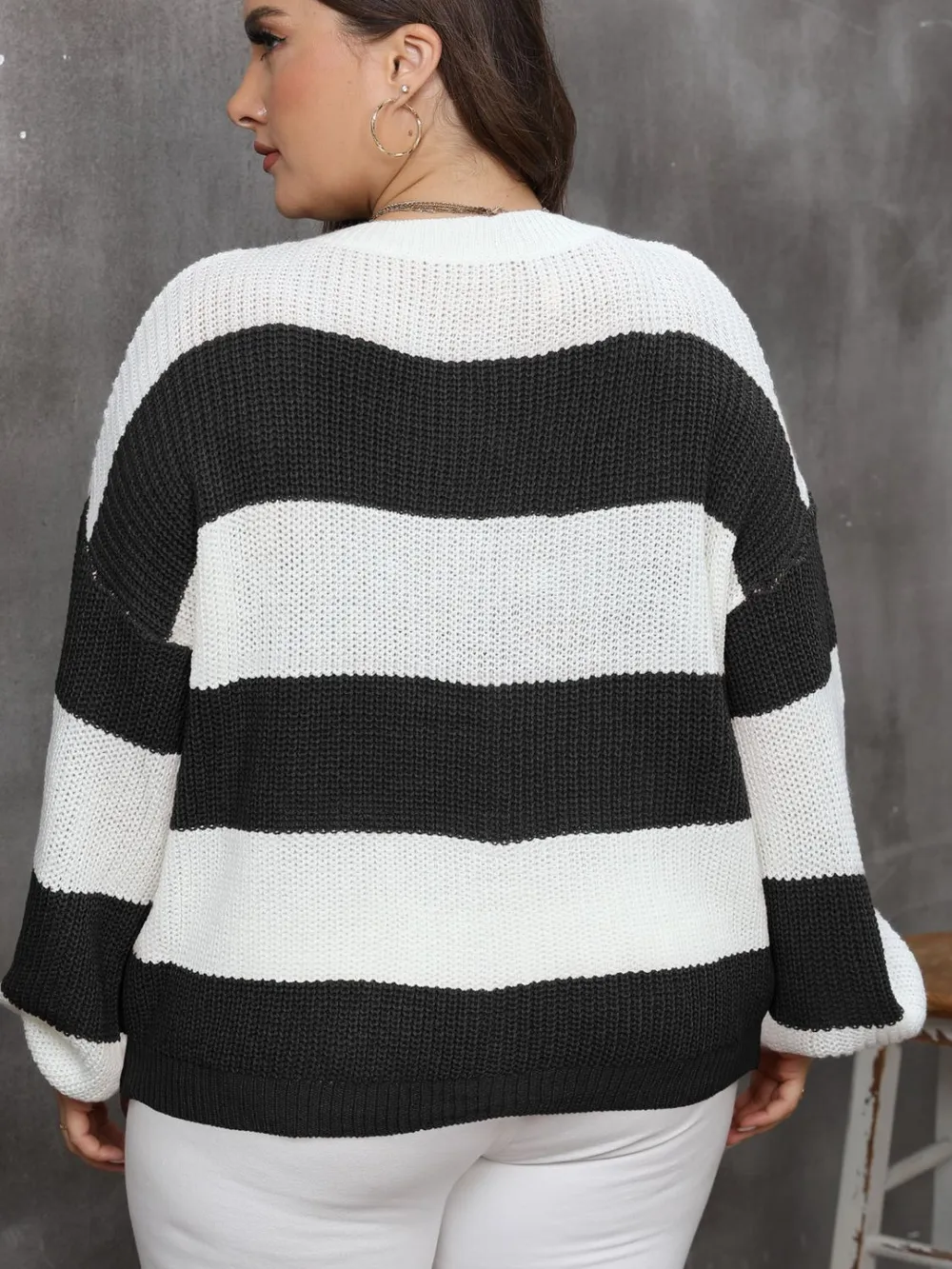 Plus Size Striped Round Neck Long Sleeve Sweater, image 2