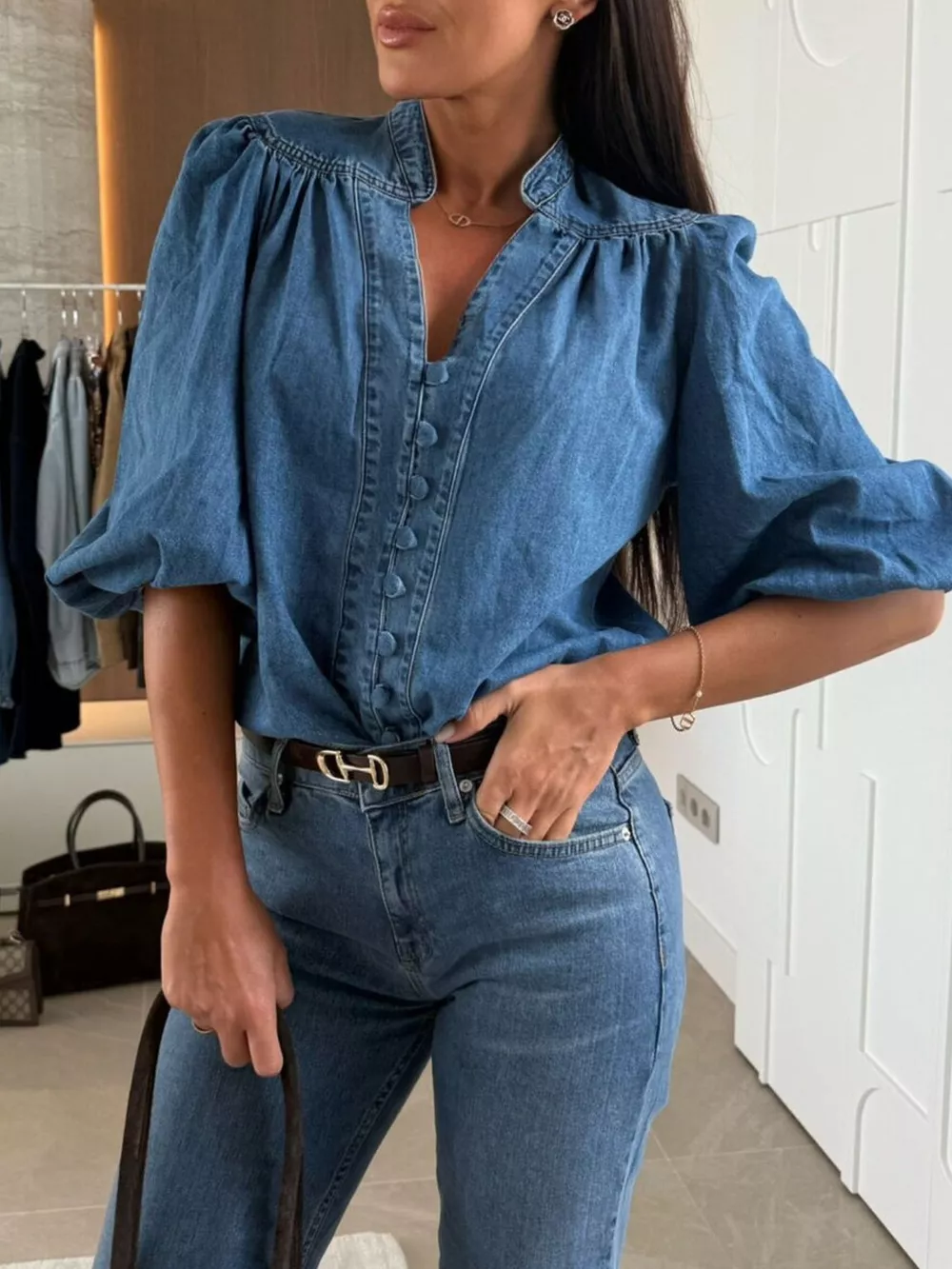 Button-Down Puff Sleeve Denim Top, image 8