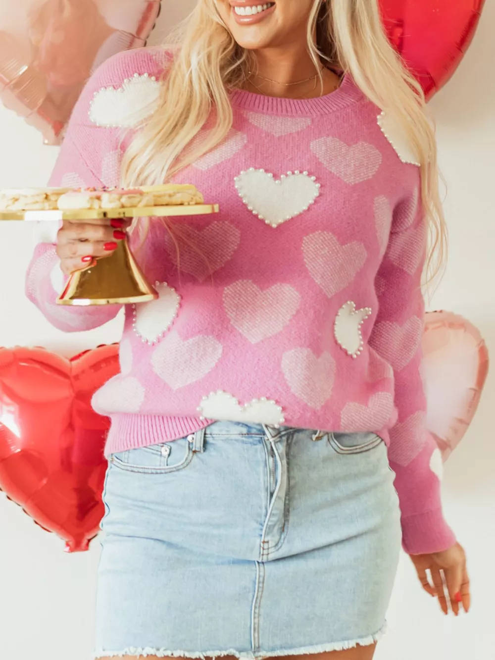 Pearled Heart Print Valentines Crew Neck Sweater, image 5