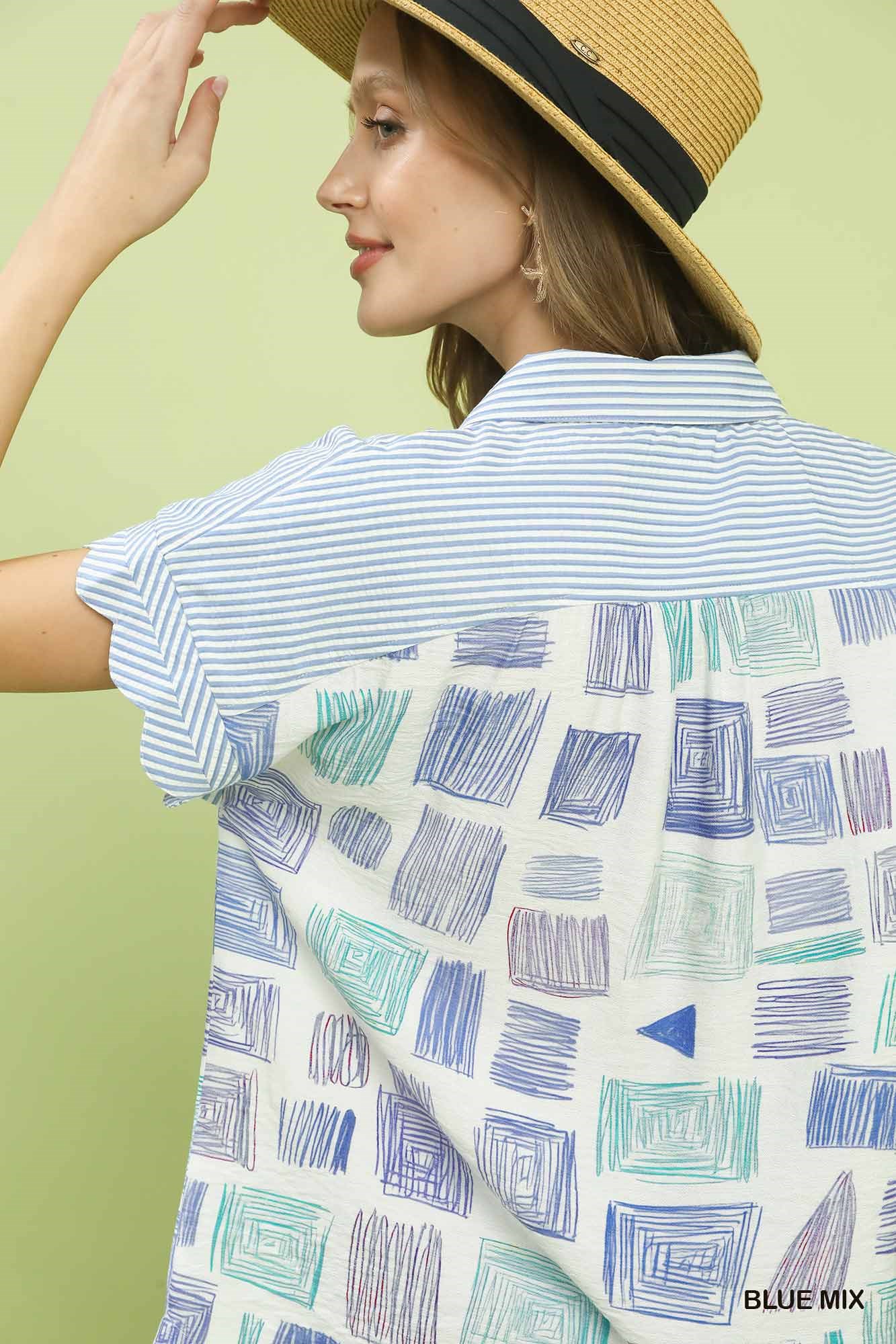 Mixed Media Print Button Front Collared Top, image 3