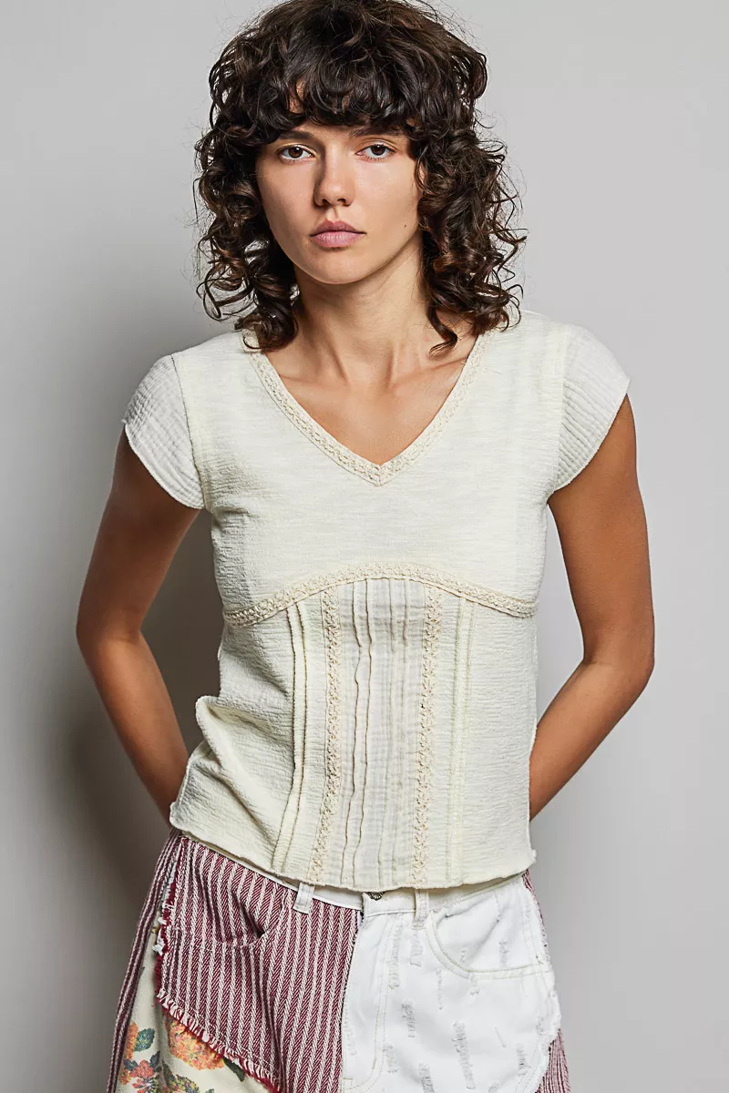V-Neck Lightweight Textured Short Sleeve Knit Top with Lace Trim, image 10