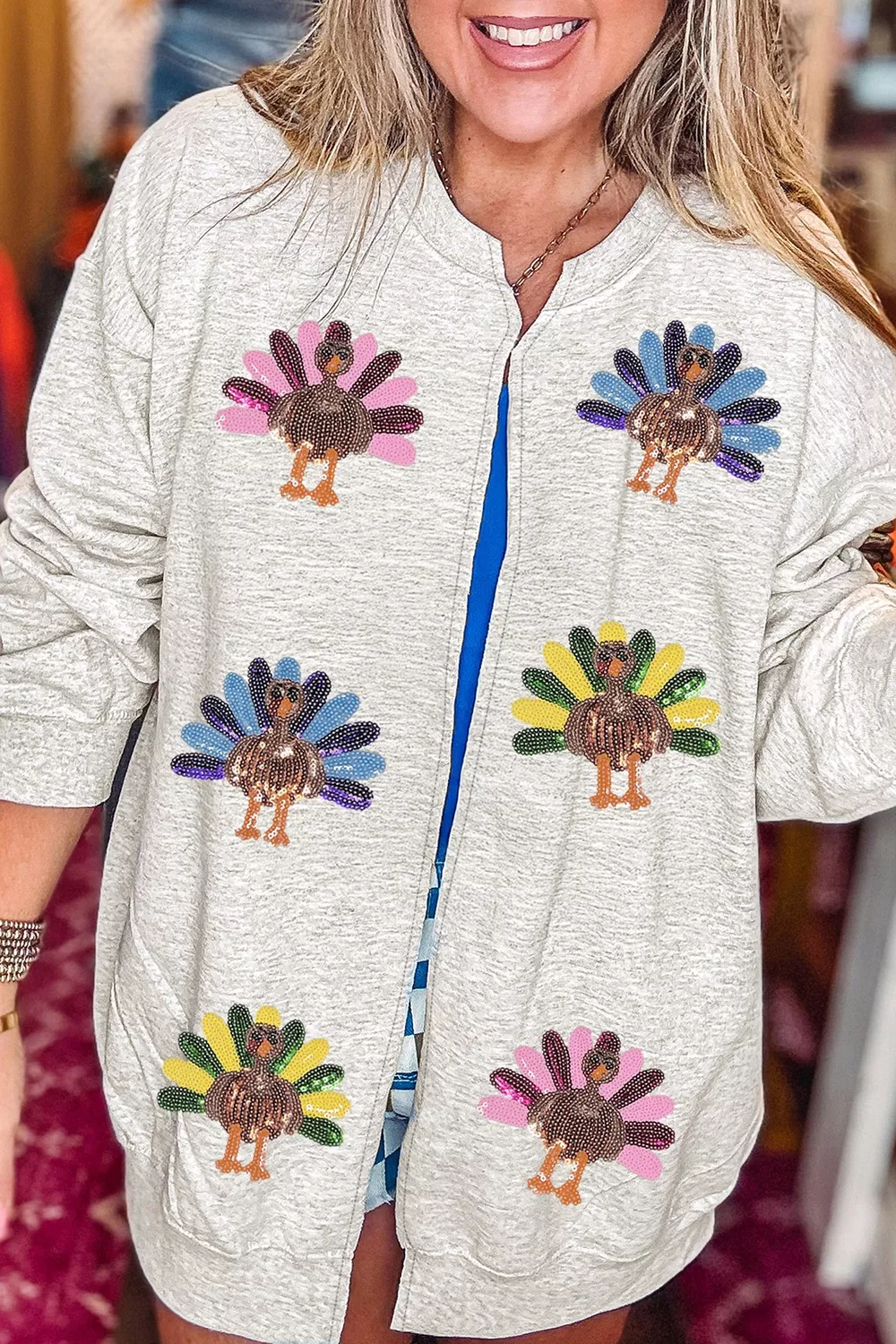 Sequin Turkey Graphic Relaxed Open Front Sweatshirt, image 6