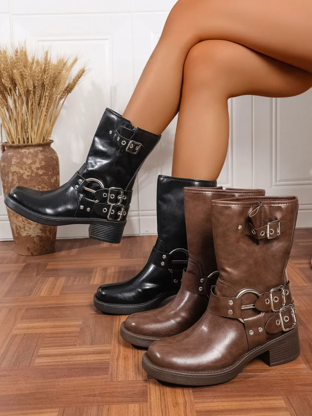 Round Toe Block Heels Boots, image 2
