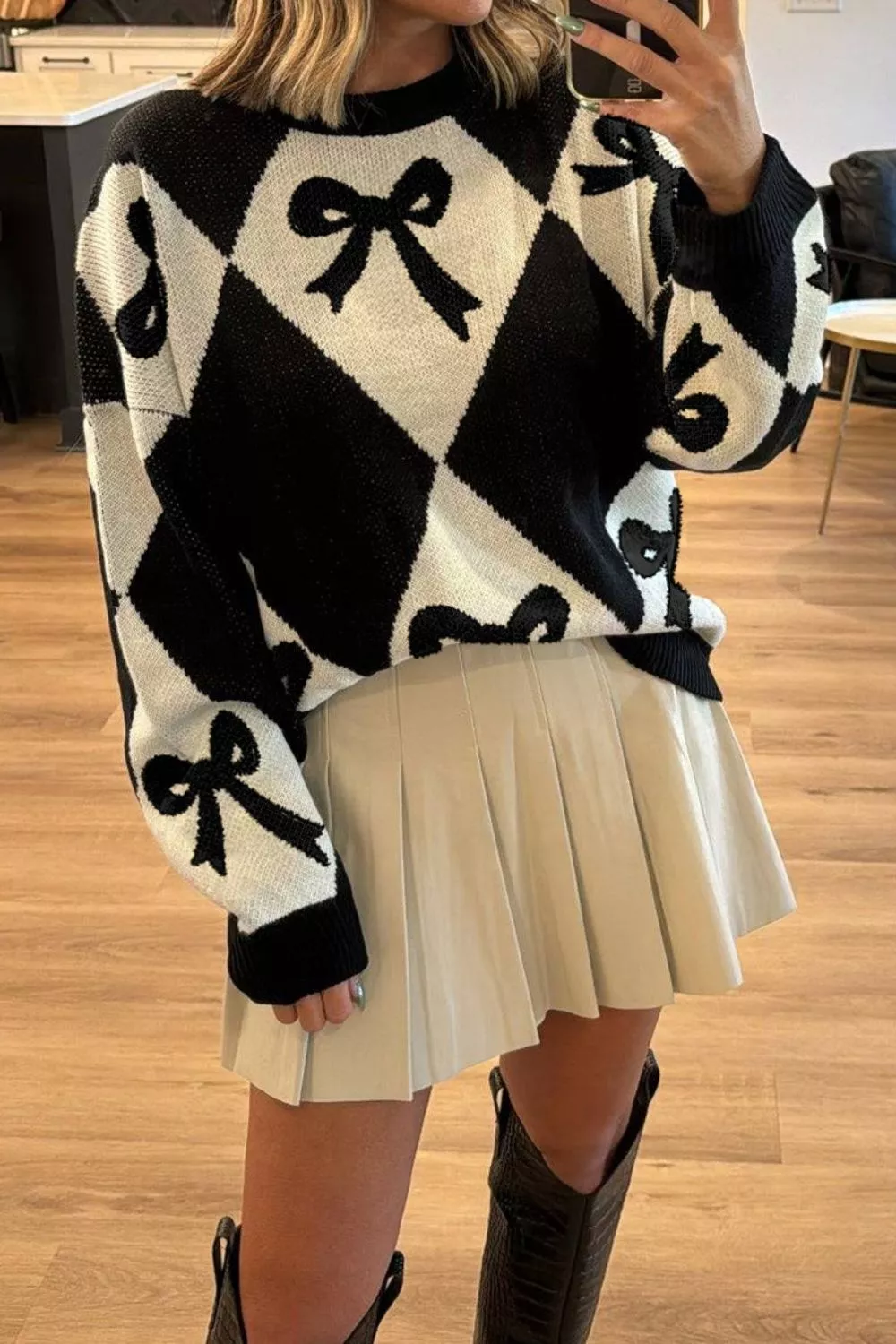 Bow Pattern Long Sleeve Contrast Sweater, image 5
