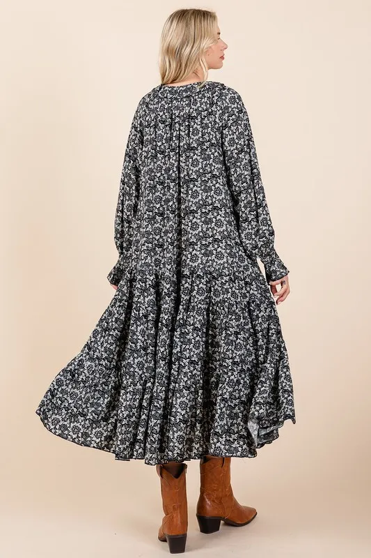 Printed Tie Neck Flounce Sleeve Midi Dress, image 5
