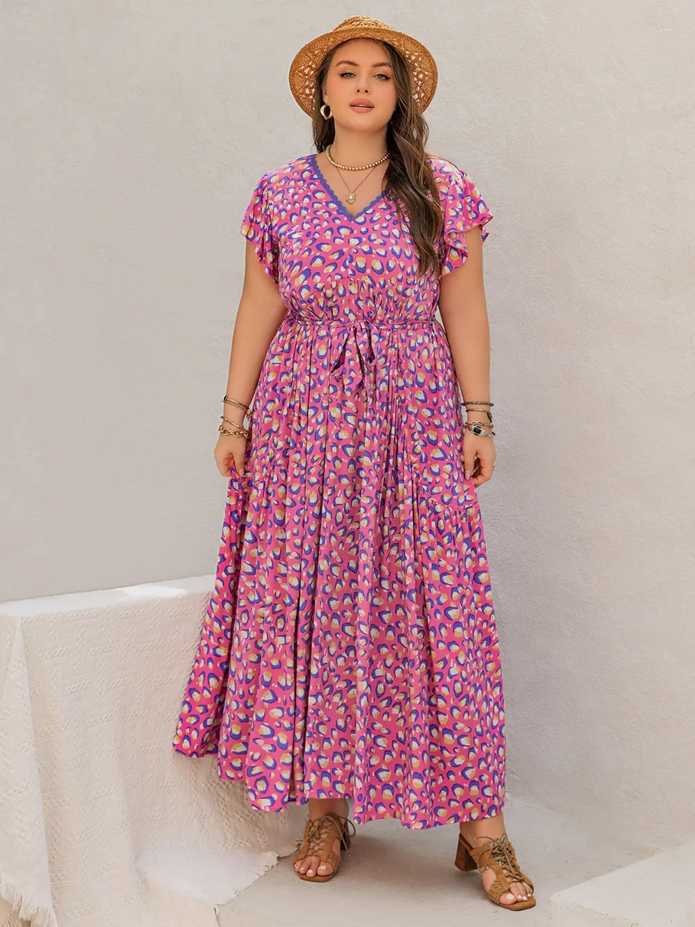 Plus Size Printed V-Neck Flutter Sleeve Tie Waist Maxi Dress, image 6