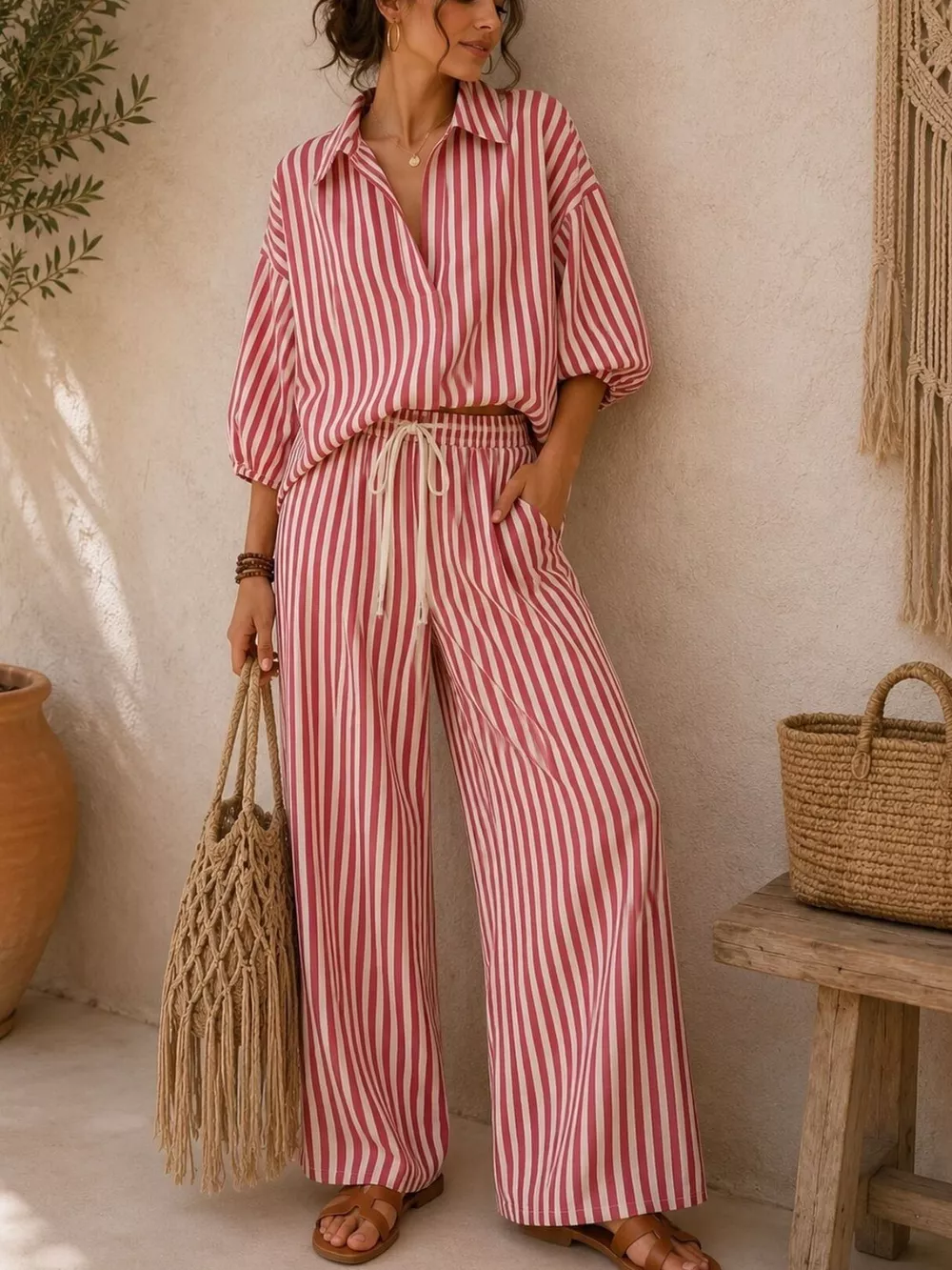 Full Size Striped Relaxed Fit Shirt and Wide-Leg Pants Set Plus Size, image 2
