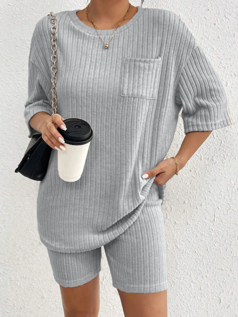 Ribbed Round Neck Top and Shorts Set, image 26