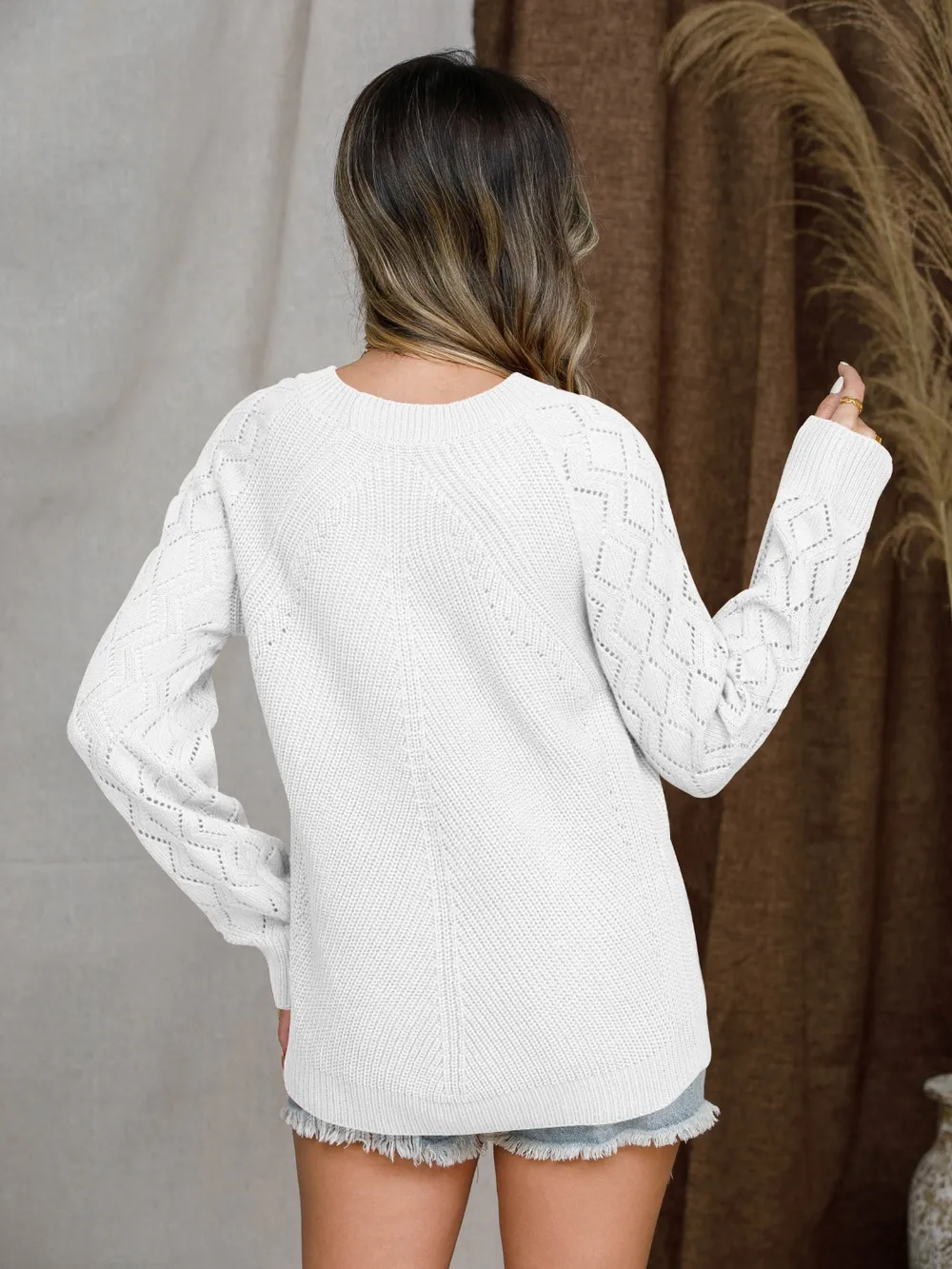 Openwork Round Neck Raglan Sleeve Sweater, image 22