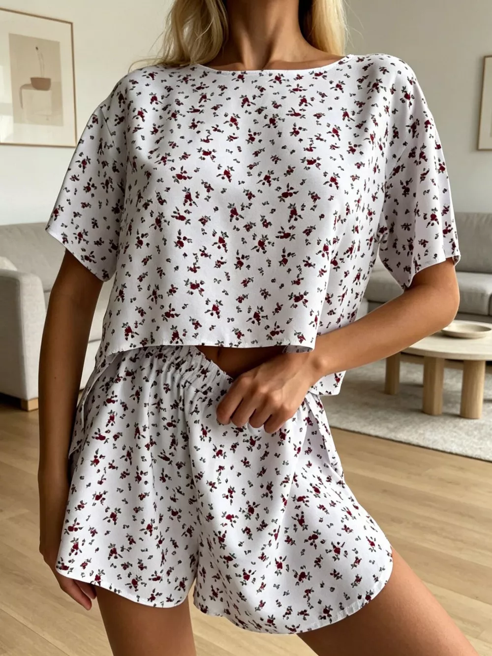 Floral Print Relaxed Fit Top and Shorts Lounge Set, image 4