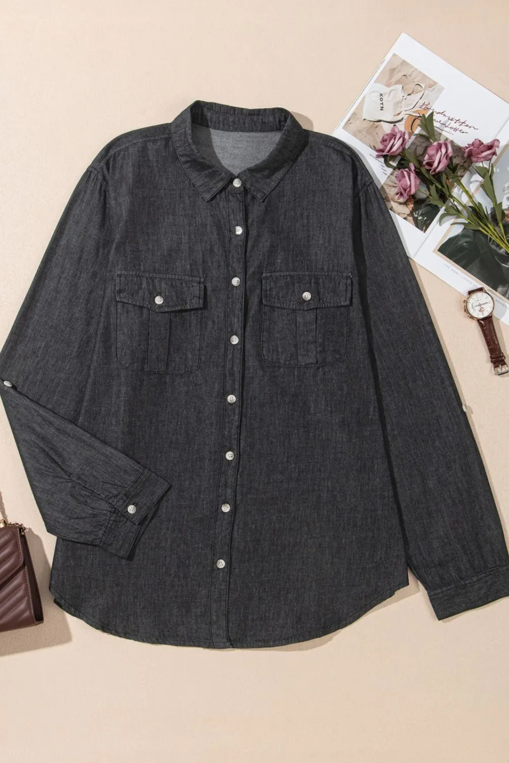 Pocketed Collared Neck Long Sleeve Denim Top, image 16