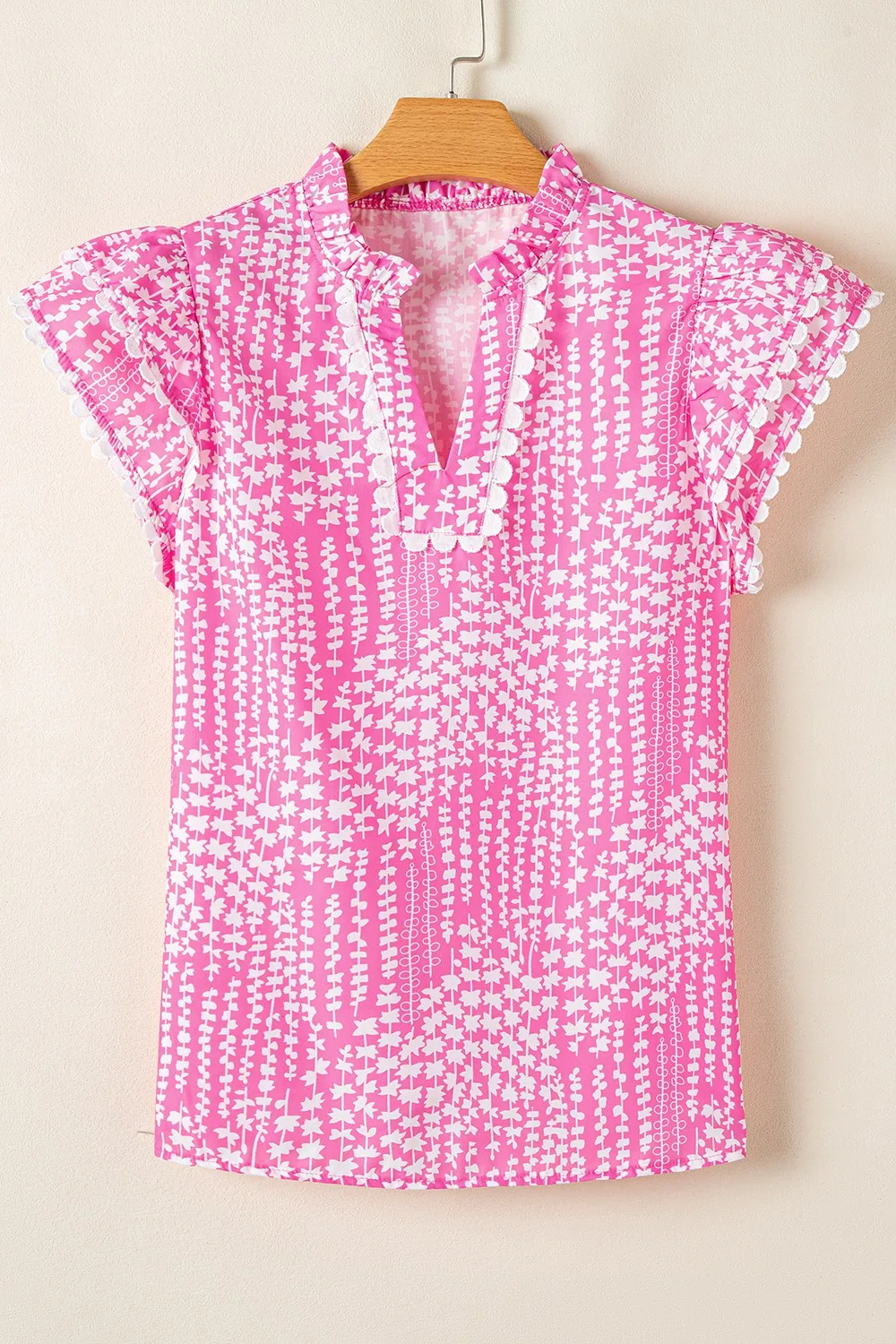 Abstract Print Ric Rac Trim Flutter Sleeve Notched Blouse, image 8