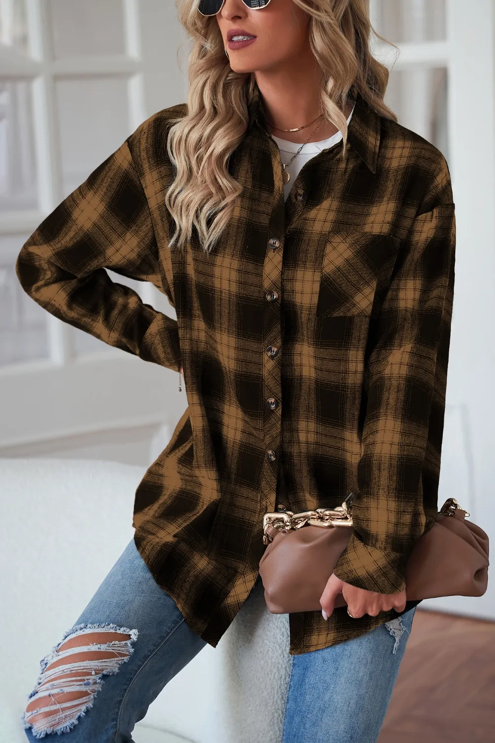 Plaid Button Up Dropped Shoulder Outerwear, image 20