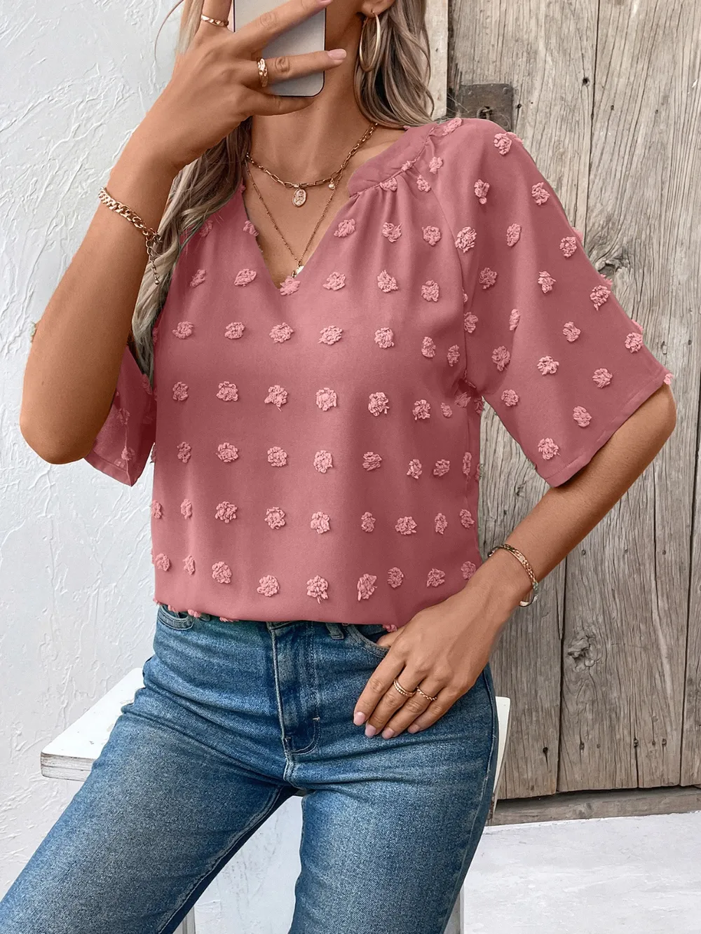 Swiss Dot Notched Half Sleeve Blouse, image 18