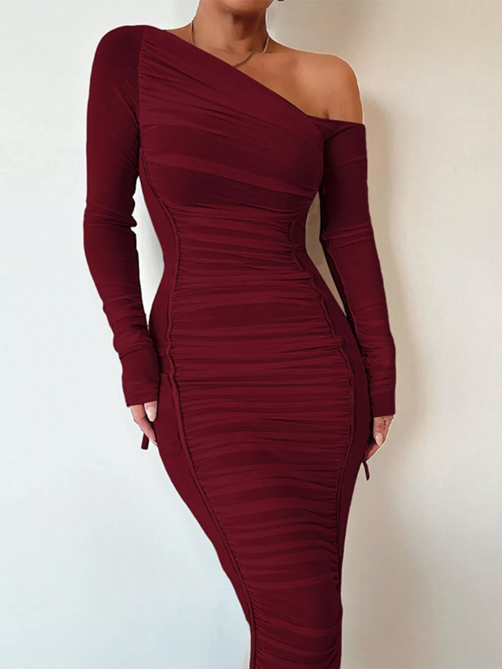 One-Shoulder Ruched Bodycon Midi Dress, image 7