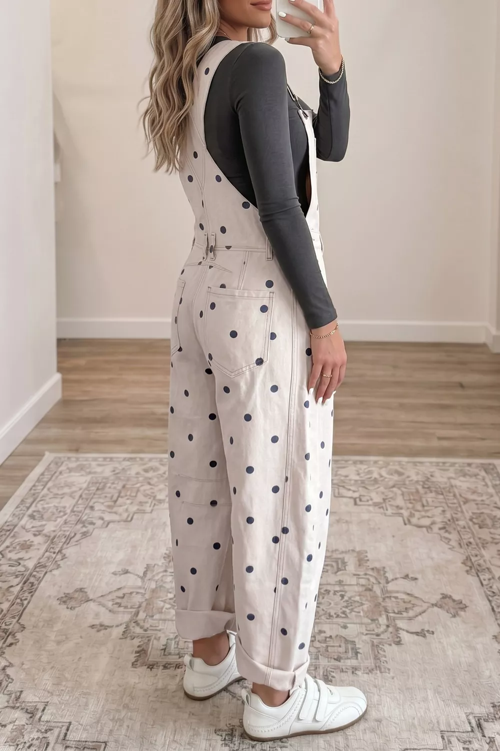 Polka Dot Print Bib Pocket Denim Barrel Overalls Jumpsuit, image 2