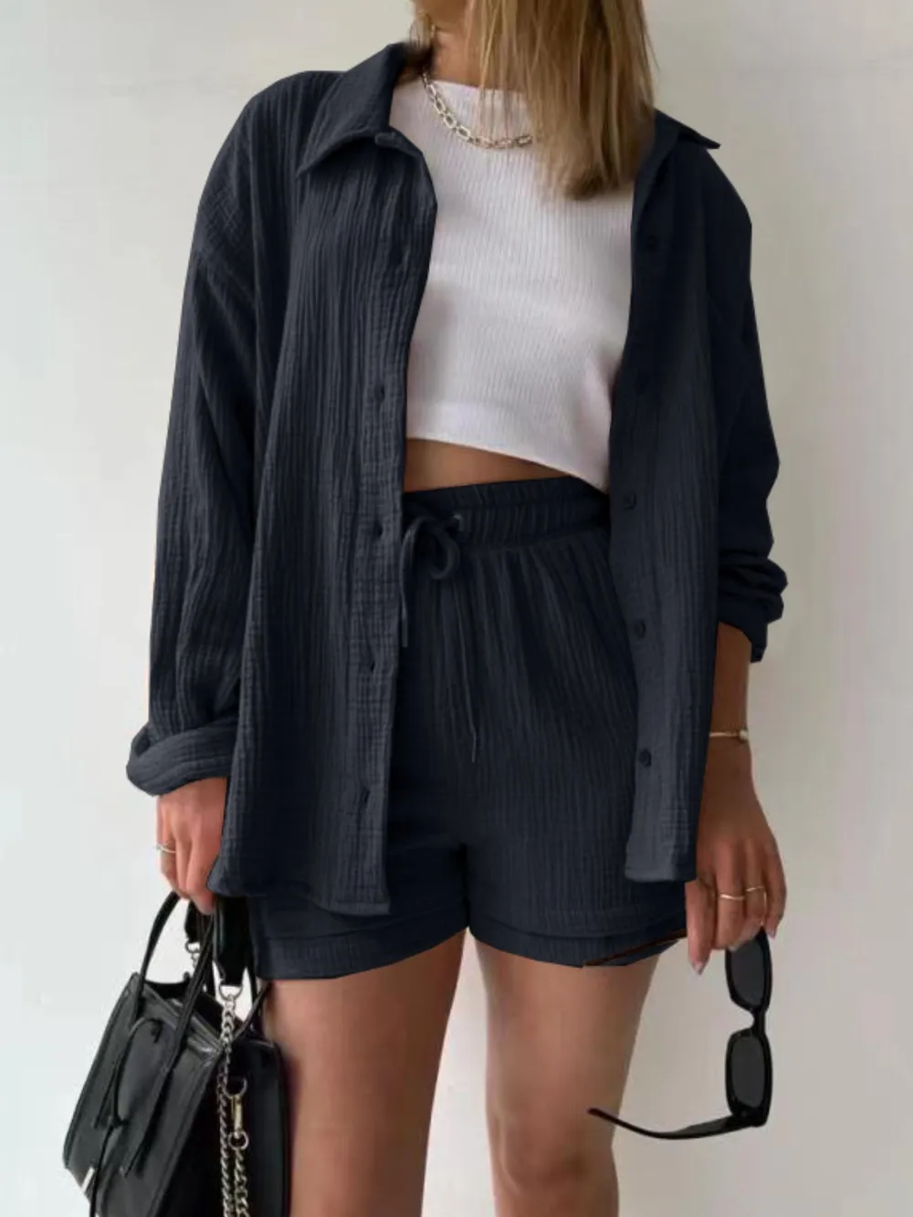 Textured Button Up Shirt and Shorts Set, image 19