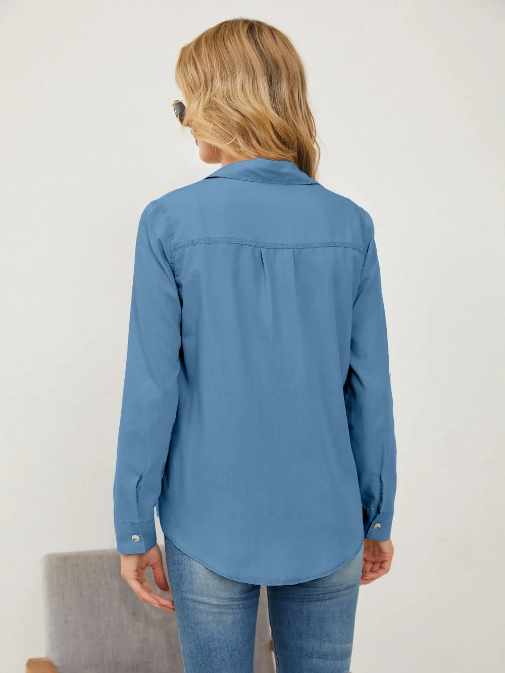 Pocketed Button Up Long Sleeve Denim Shirt, image 8