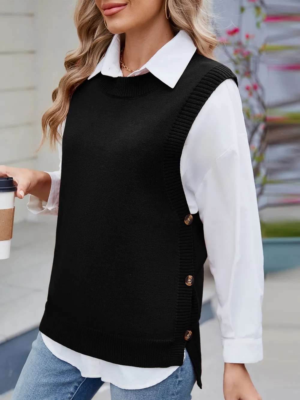 Buttoned Round Neck Sweater Vest, image 23