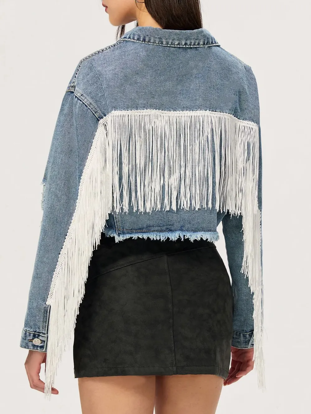 Distressed Fringe Collared Neck Cropped Denim Top, image 4