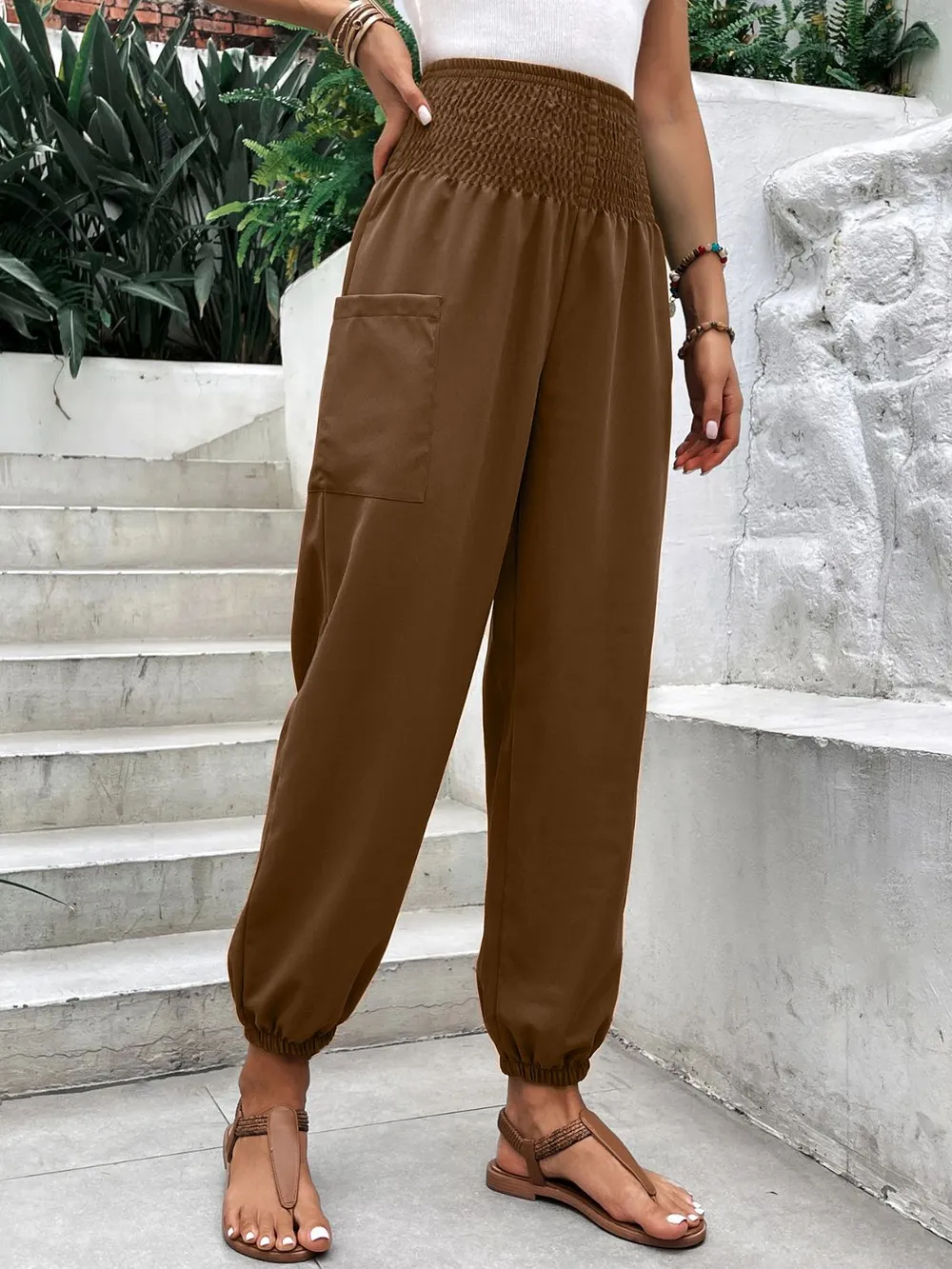 Smocked High Rise Joggers with Pockets, image 6