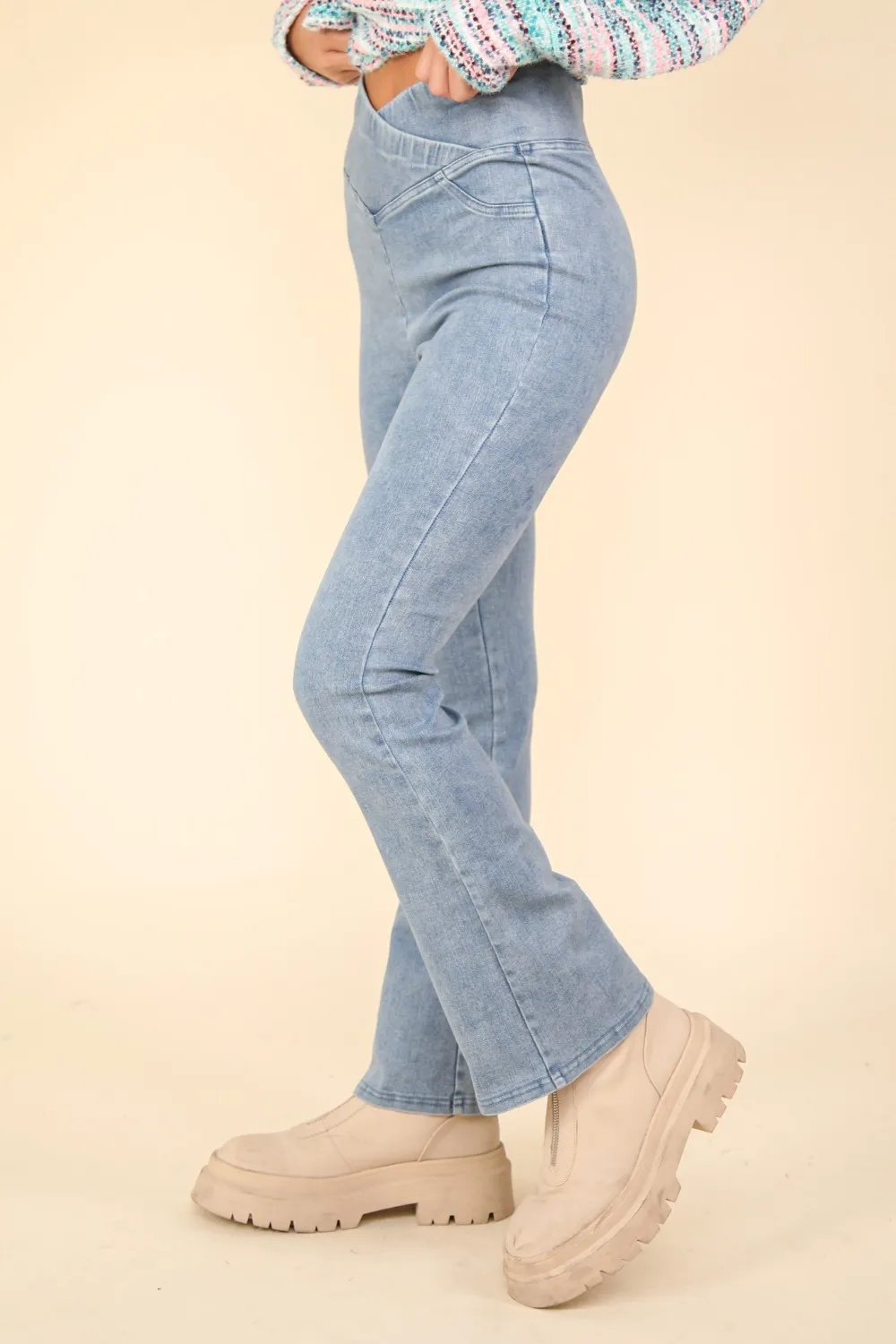 Washed Denim Stretchy Crossover Waist Leggings, image 3