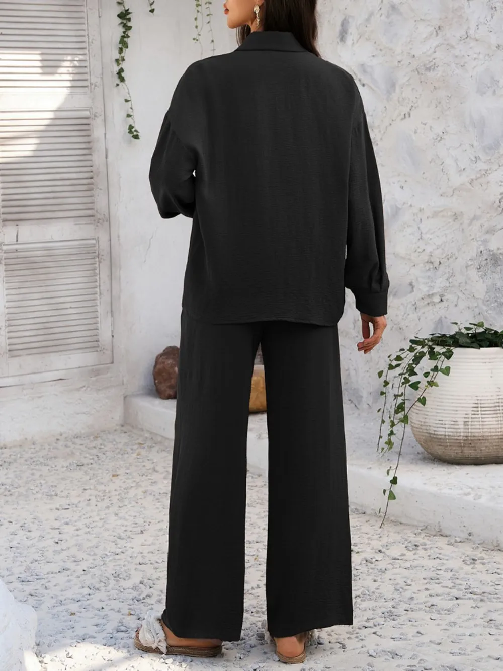 Collared Neck Long Sleeve Top and Pants Set, image 21