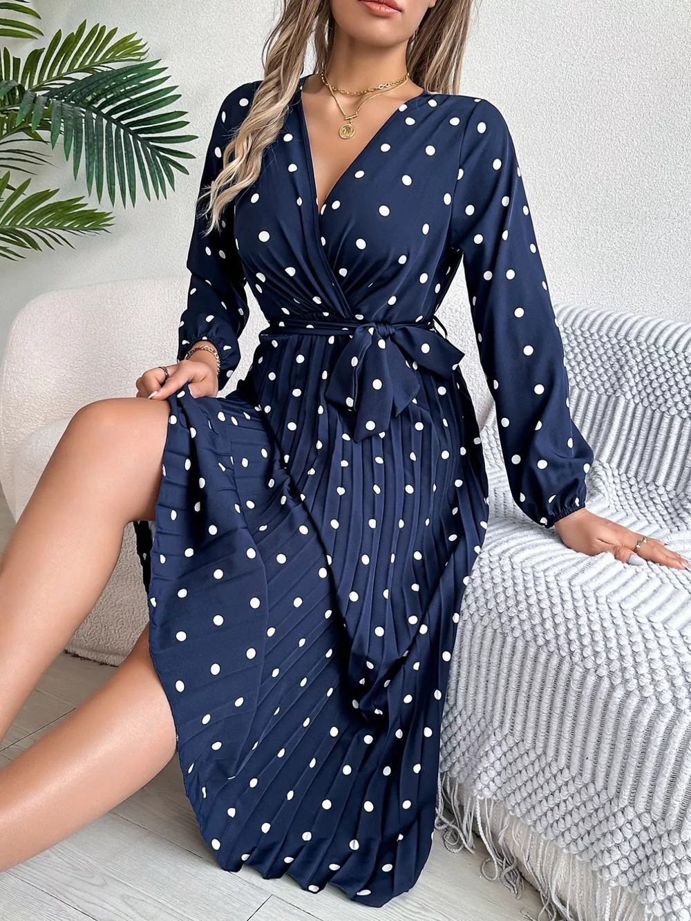 Front Tie Polka Dot Midi Pleated Dress, image 24