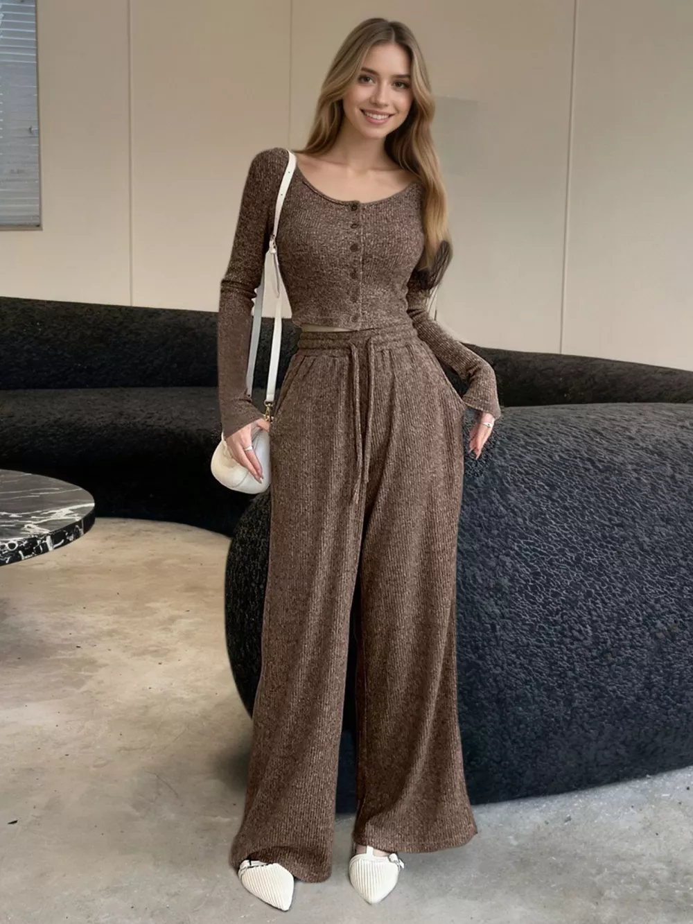 Casual Knit Long Sleeve Top and Wide Leg Pants Set, image 7