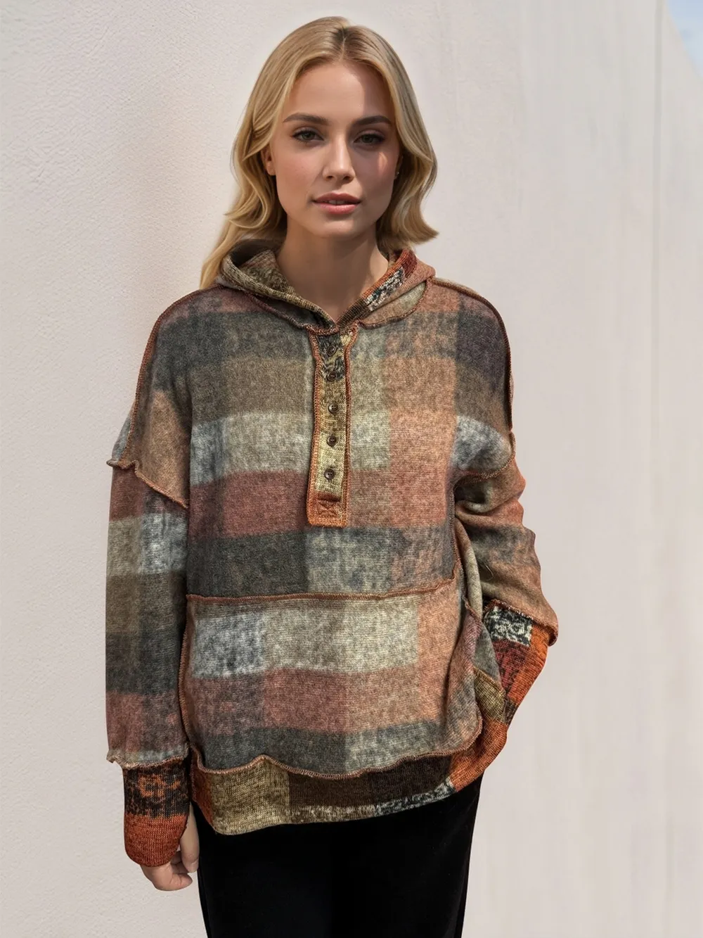 Full Size Plaid Dropped Shoulder Fleece Hoodie, image 16