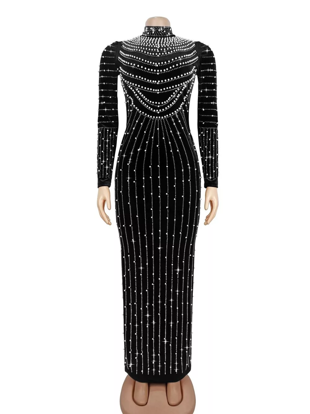 Rhinestone Embellished Mock Neck Long Sleeve Maxi Dress, image 5