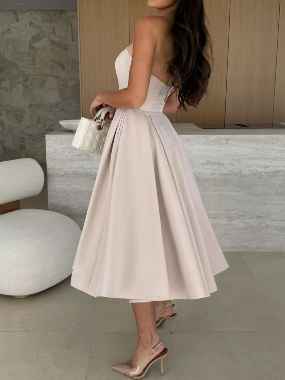 Strapless Ruched A-Line Midi Dress, image 2