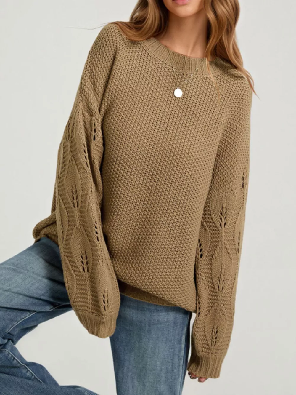 Textured Knit Openwork Dropped Shoulder Sweater, image 2