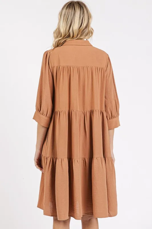 Button Detail Collared Neck Tiered Shirt Dress, image 3