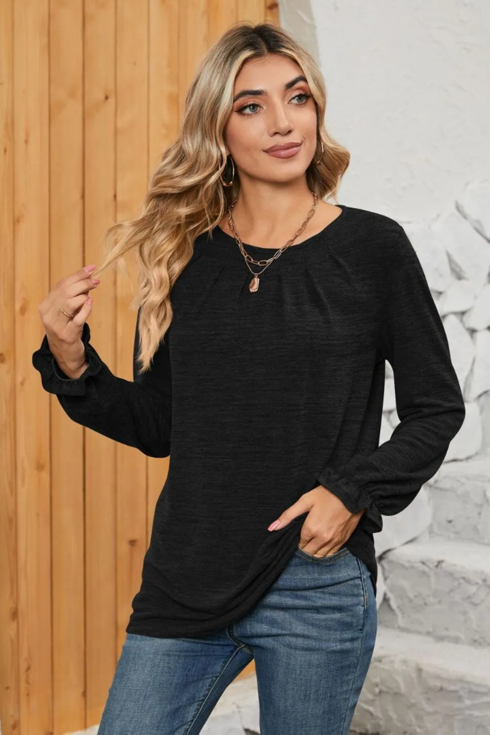 Ruched Round Neck Flounce Sleeve T-Shirt, image 13